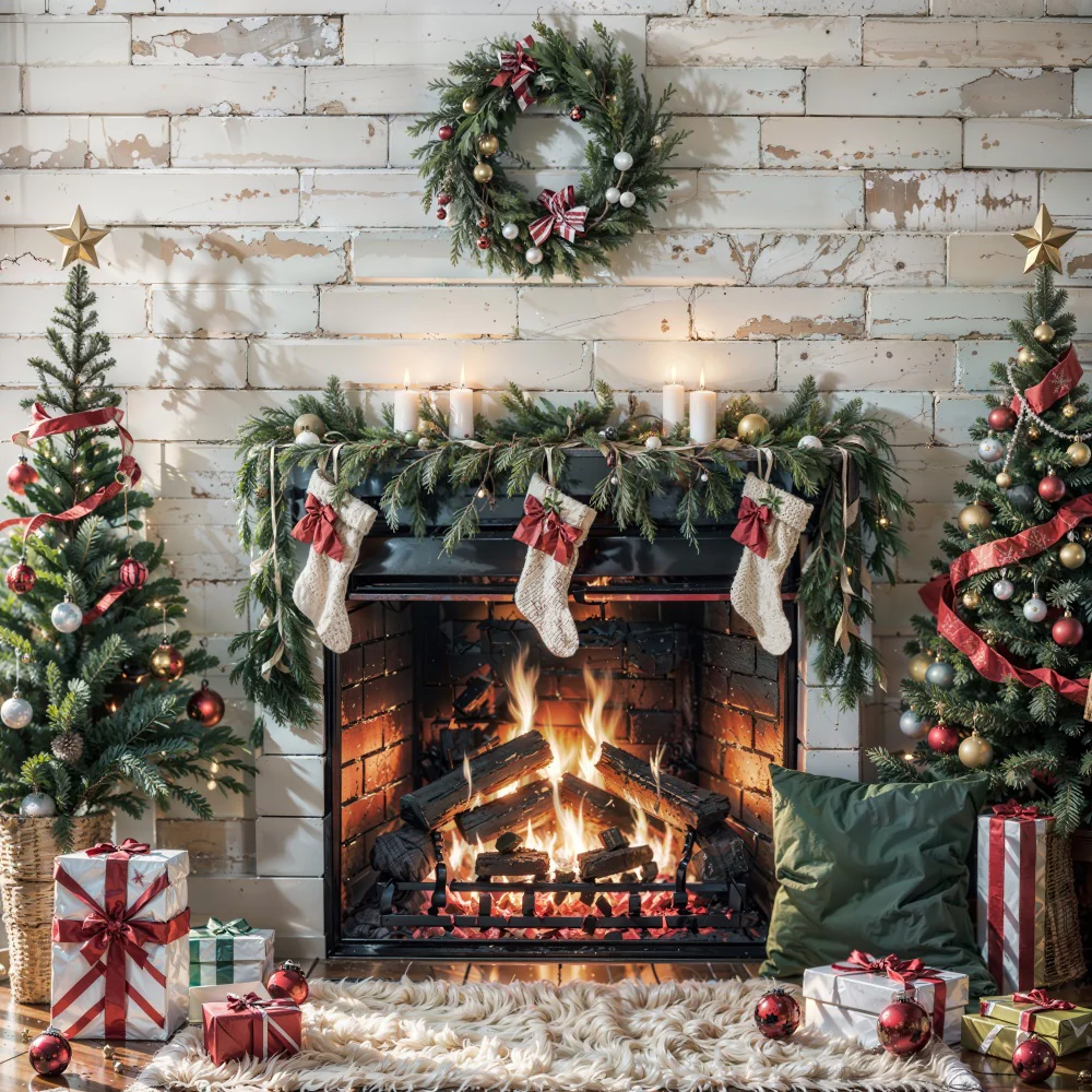Kate Christmas Fireplace White Wall Backdrop for Photography - Image 4