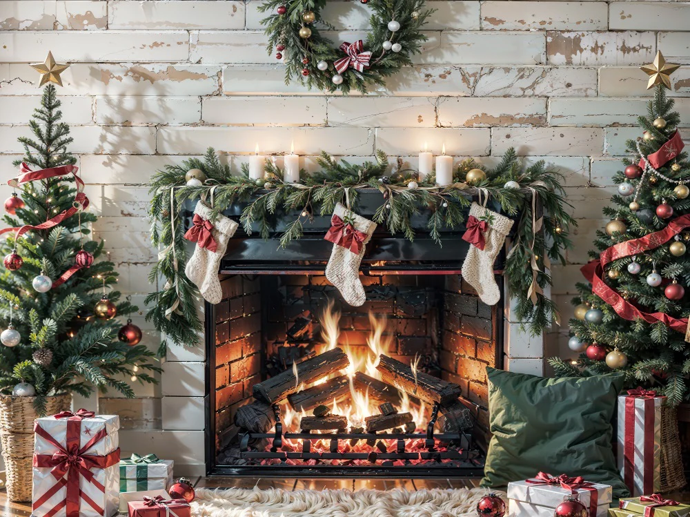 Kate Christmas Fireplace White Wall Backdrop for Photography - Image 5
