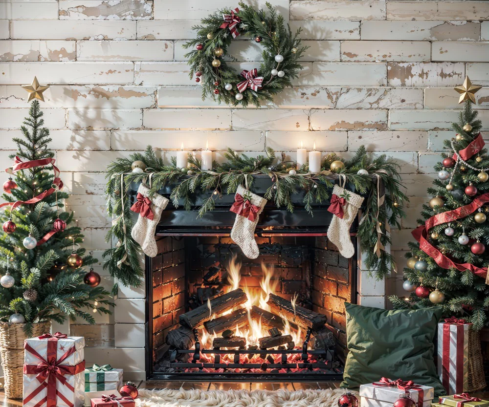 Kate Christmas Fireplace White Wall Backdrop for Photography - Image 6