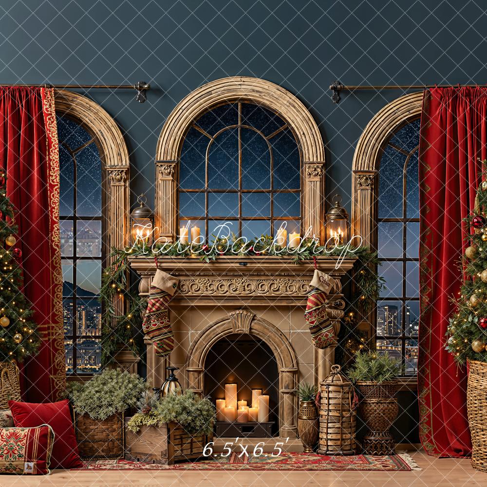Kate Christmas Fireplace Windows Red Curtains Backdrop Designed by Emetselch - Image 2