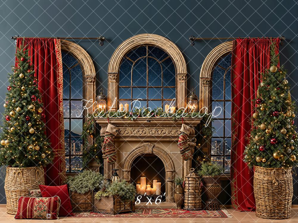 Kate Christmas Fireplace Windows Red Curtains Backdrop Designed by Emetselch - Image 3