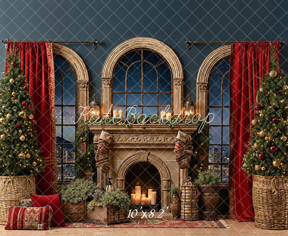 Kate Christmas Fireplace Windows Red Curtains Backdrop Designed by Emetselch - Image 6