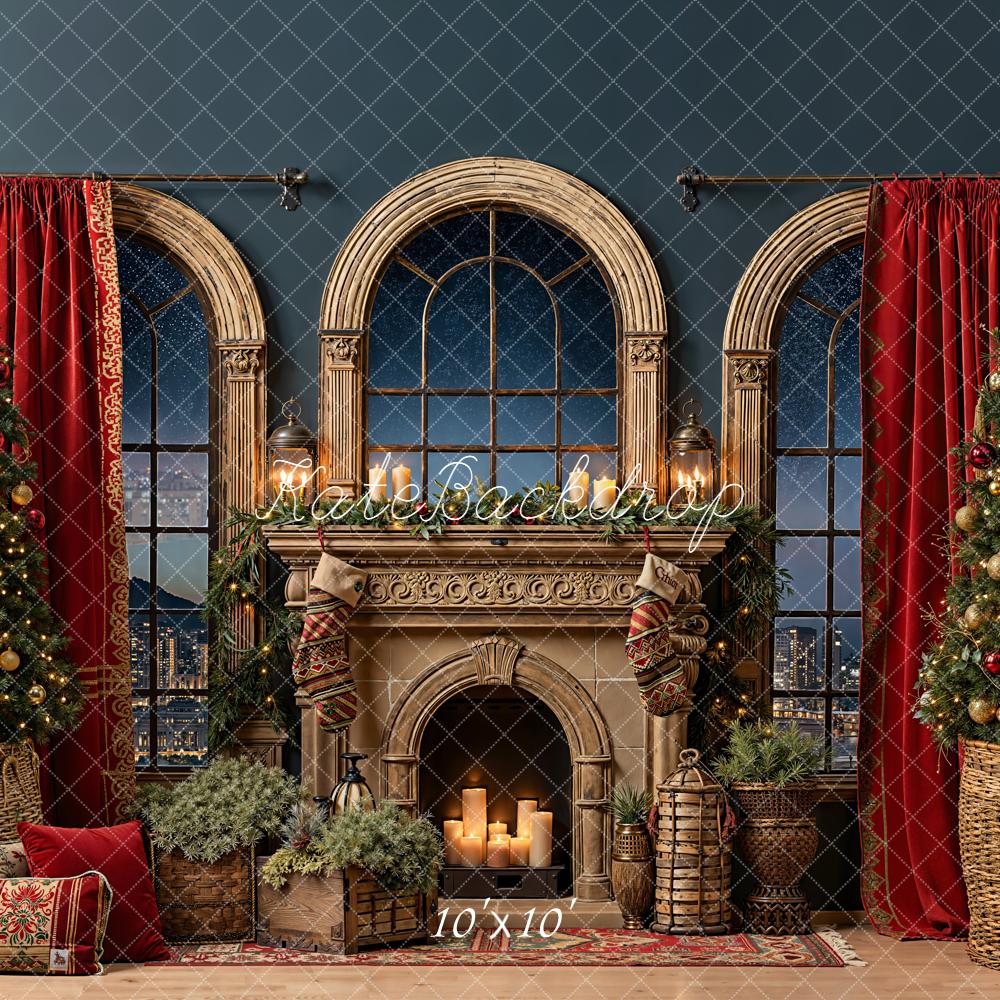 Kate Christmas Fireplace Windows Red Curtains Backdrop Designed by Emetselch - Image 7