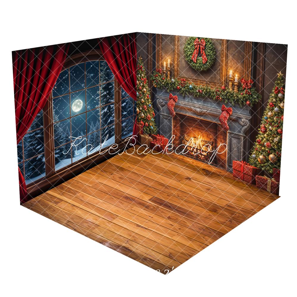 Kate Christmas Fireplace Winter Night Red Curtain Window Room Set - Image 2
