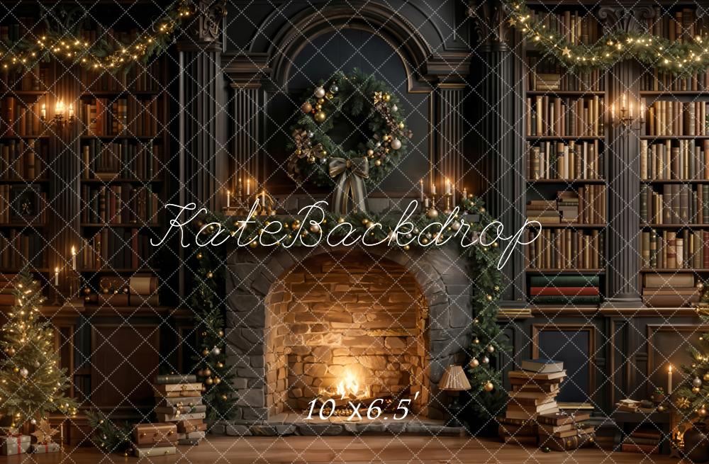 Kate Christmas Fireplace Wreath Bookcase Fleece Backdrop Designed by Emetselch - Image 2