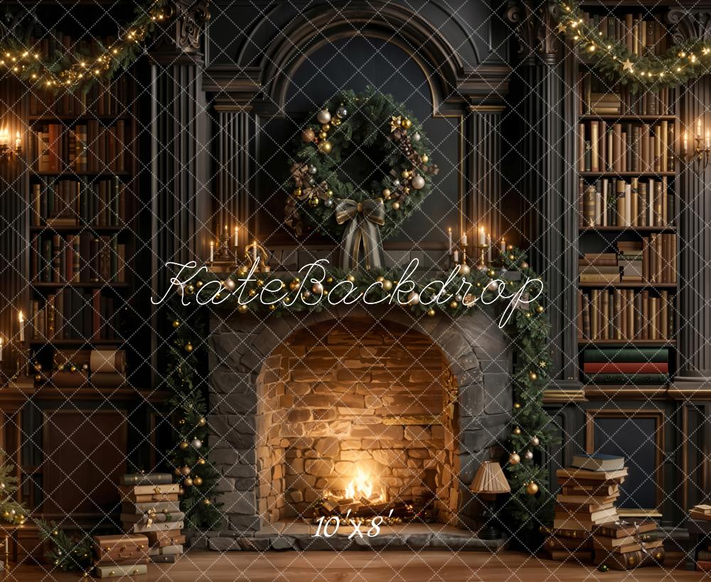 Kate Christmas Fireplace Wreath Bookcase Fleece Backdrop Designed by Emetselch - Image 3