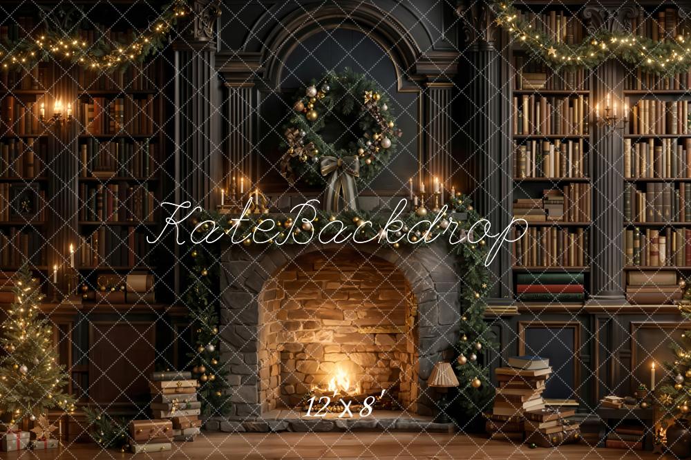 Kate Christmas Fireplace Wreath Bookcase Fleece Backdrop Designed by Emetselch - Image 4