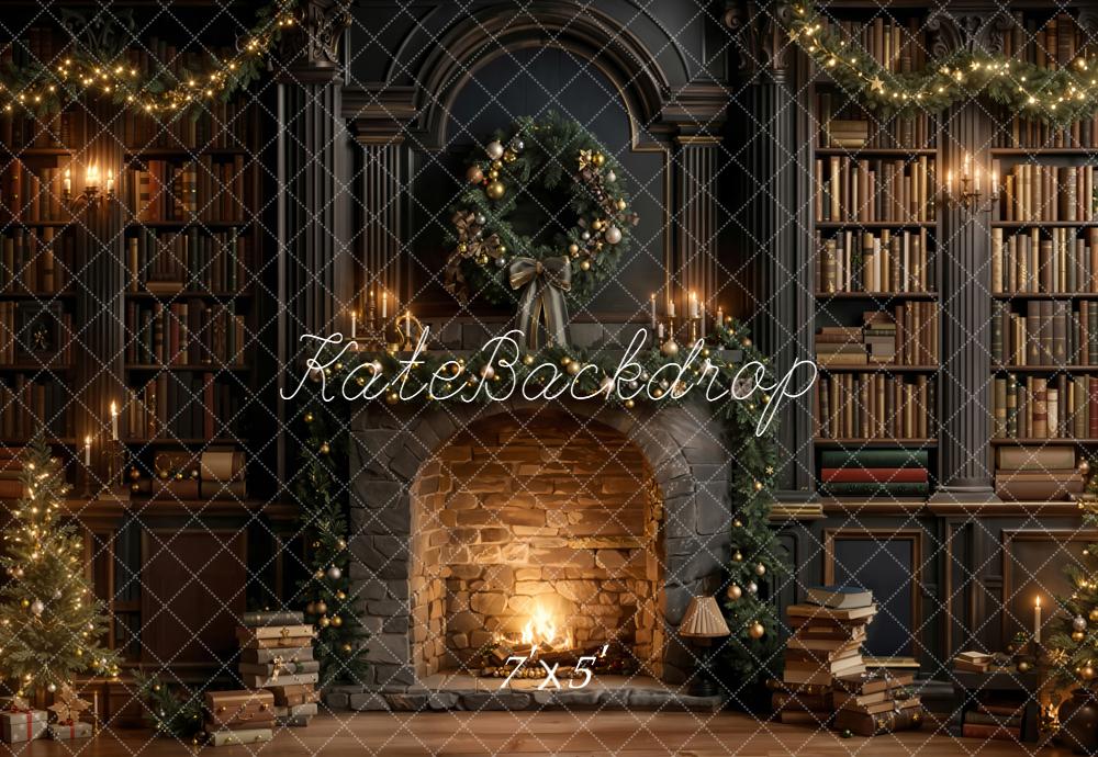 Kate Christmas Fireplace Wreath Bookshelves Backdrop Designed by Emetselch - Image 2