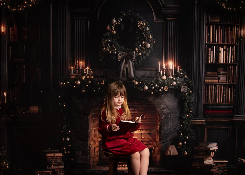 Kate Christmas Fireplace Wreath Bookshelves Backdrop Designed by Emetselch - Image 3