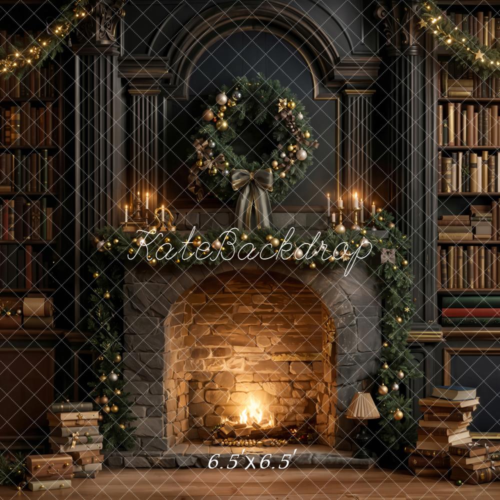 Kate Christmas Fireplace Wreath Bookshelves Backdrop Designed by Emetselch - Image 4
