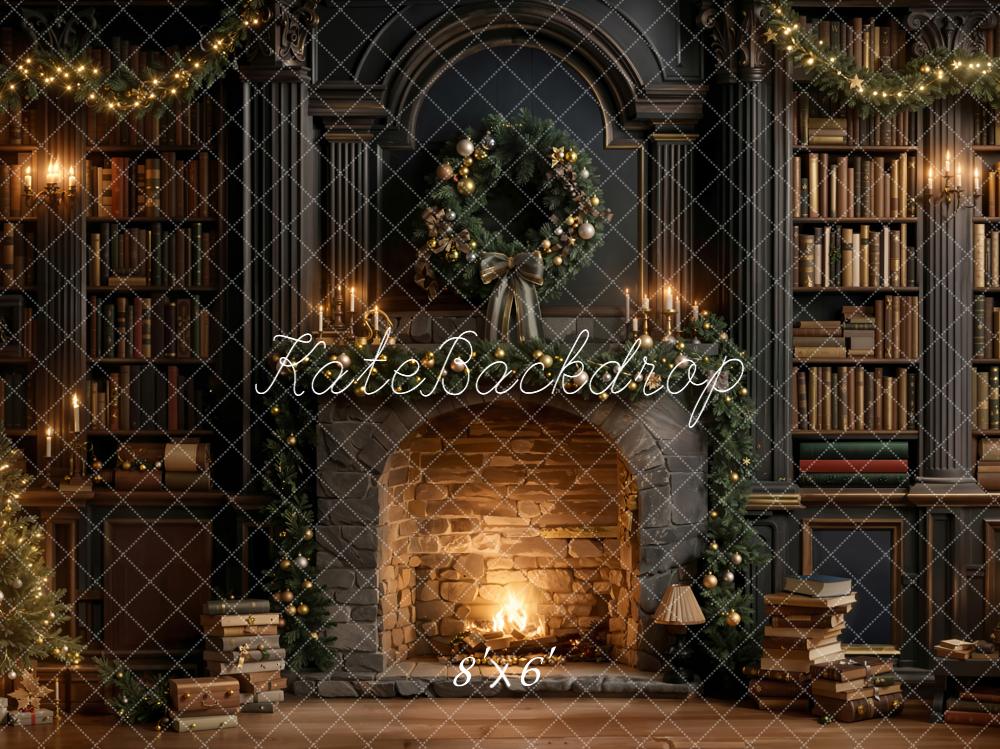Kate Christmas Fireplace Wreath Bookshelves Backdrop Designed by Emetselch - Image 5