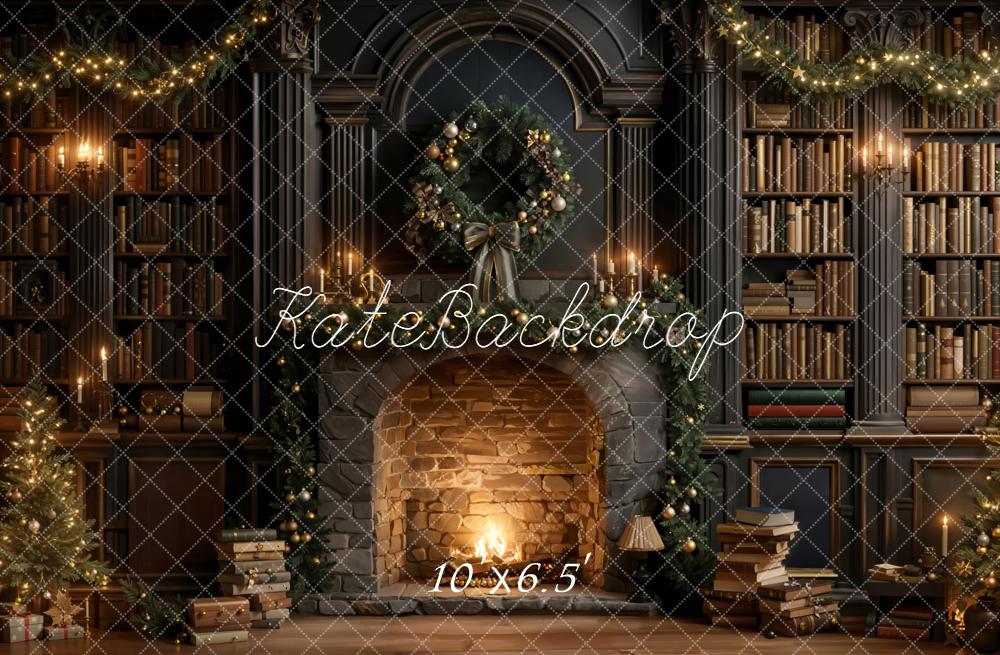 Kate Christmas Fireplace Wreath Bookshelves Backdrop Designed by Emetselch - Image 6