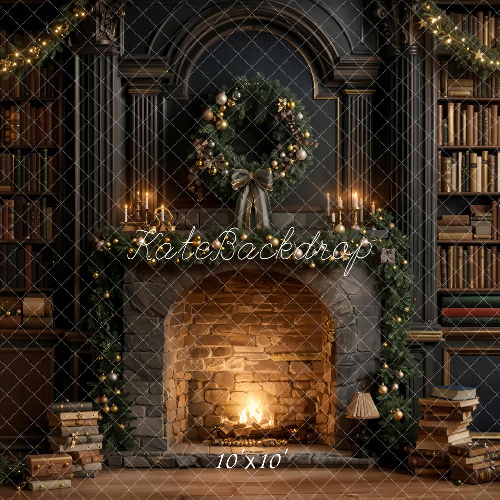Kate Christmas Fireplace Wreath Bookshelves Backdrop Designed by Emetselch - Image 9