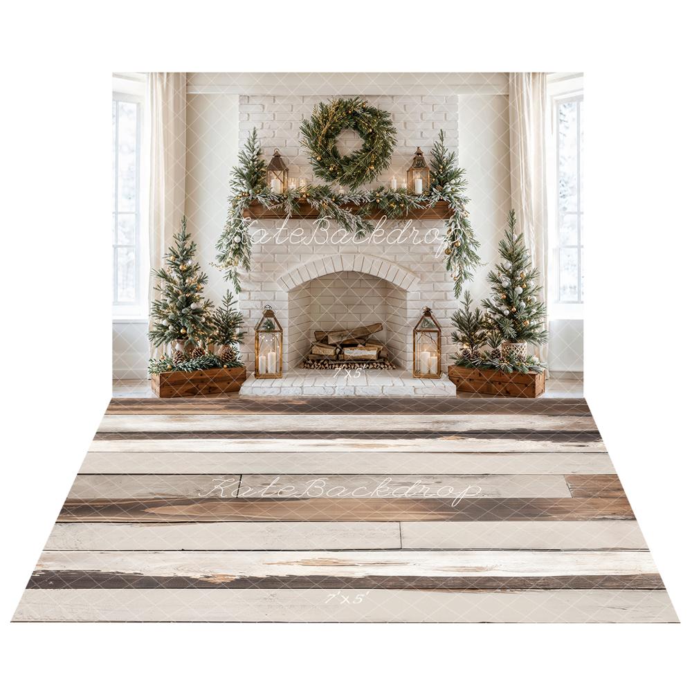 Kate Christmas Fireplace Wreath Brick Wall Backdrop+Light Retro Wood Floor Backdrop - Image 2