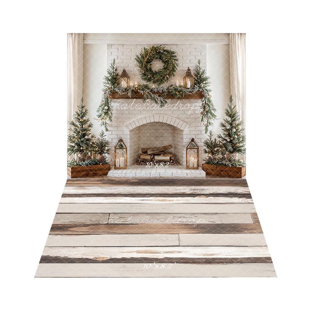 Kate Christmas Fireplace Wreath Brick Wall Backdrop+Light Retro Wood Floor Backdrop - Image 4