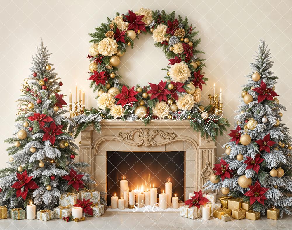 Kate Christmas Fireplace Wreath Candlelight Trees Fleece Backdrop Designed by Emetselch