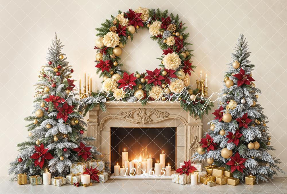 Kate Christmas Fireplace Wreath Candlelight Trees Fleece Backdrop Designed by Emetselch - Image 2