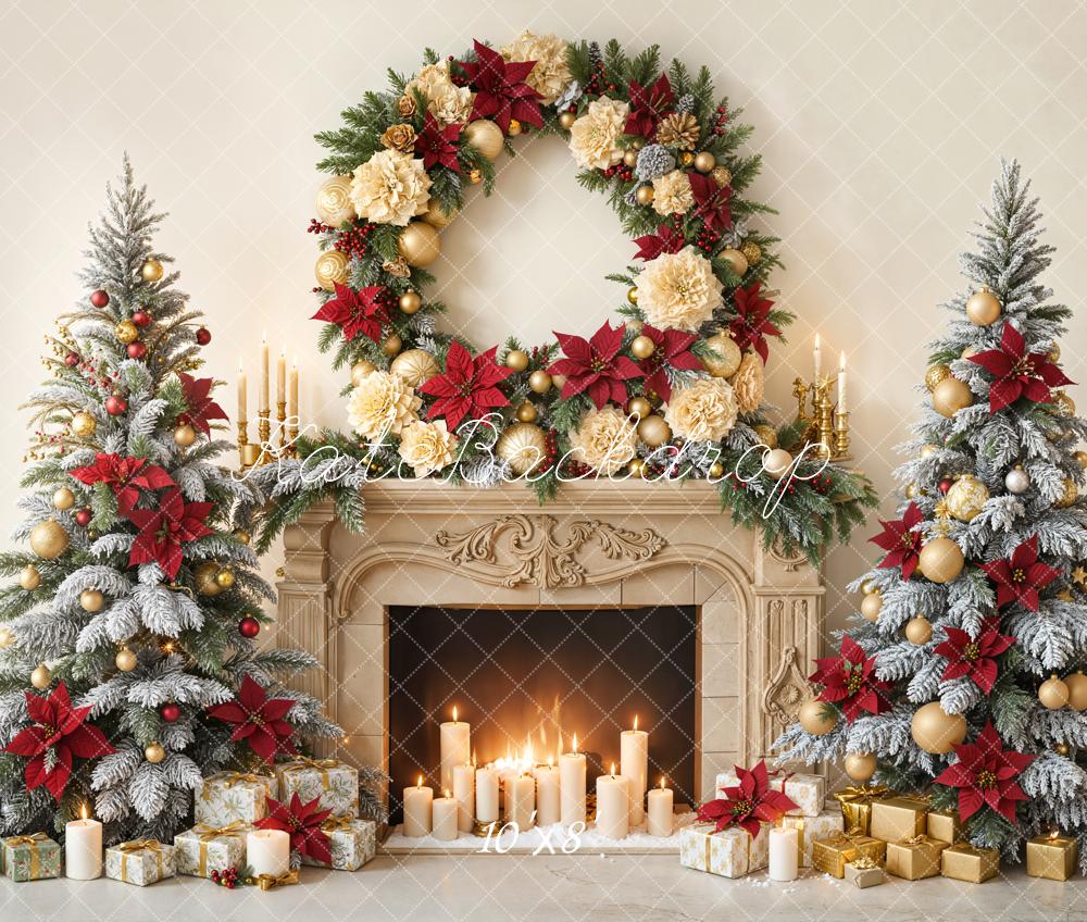 Kate Christmas Fireplace Wreath Candlelight Trees Fleece Backdrop Designed by Emetselch - Image 3