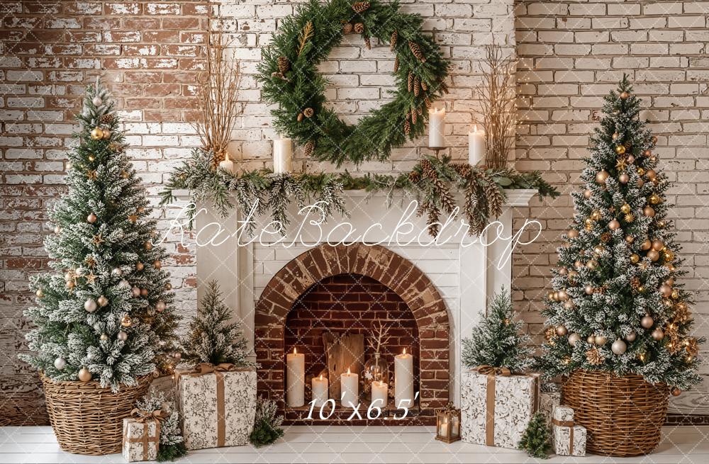 Kate Christmas Fireplace Wreath Gift Fleece Backdrop Designed by Emetselch - Image 2