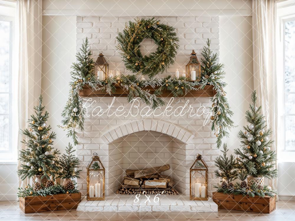 Kate Christmas Fireplace Wreath Lanterns Fleece Backdrop Designed by Emetselch - Image 3