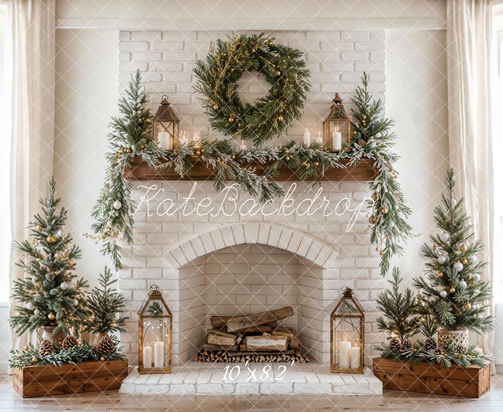 Kate Christmas Fireplace Wreath Lanterns Fleece Backdrop Designed by Emetselch - Image 4