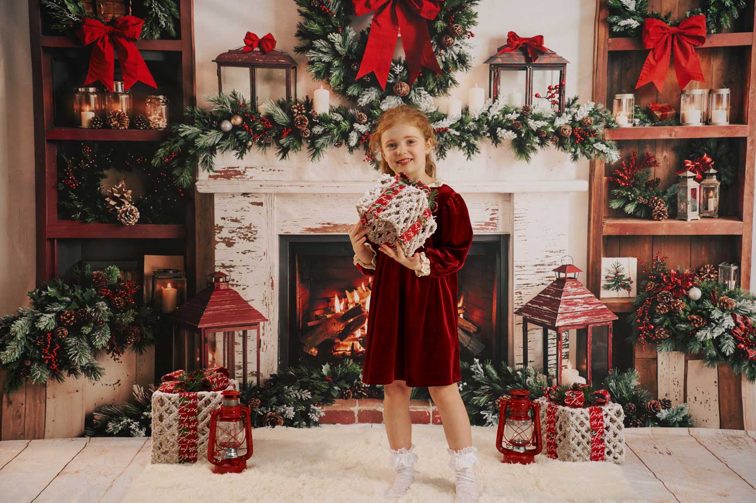 Kate Christmas Fireplace Wreath Red Bow Backdrop Designed by Emetselch - Image 2