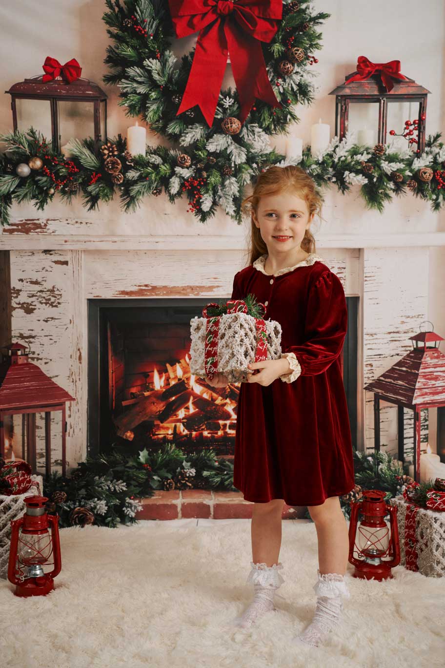 Kate Christmas Fireplace Wreath Red Bow Backdrop Designed by Emetselch - Image 3