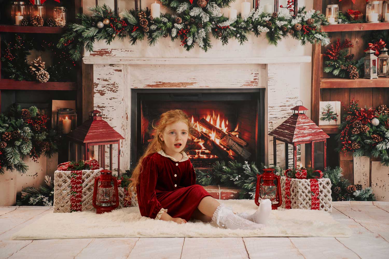 Kate Christmas Fireplace Wreath Red Bow Backdrop Designed by Emetselch - Image 4