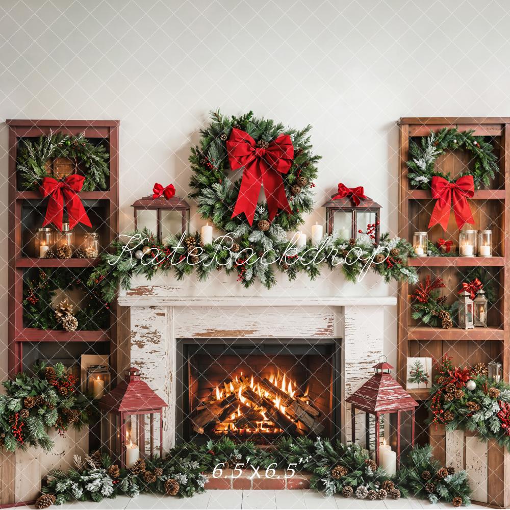 Kate Christmas Fireplace Wreath Red Bow Backdrop Designed by Emetselch - Image 5