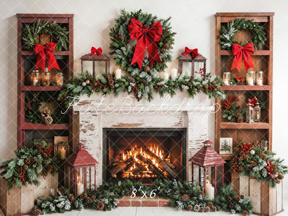 Kate Christmas Fireplace Wreath Red Bow Backdrop Designed by Emetselch - Image 6