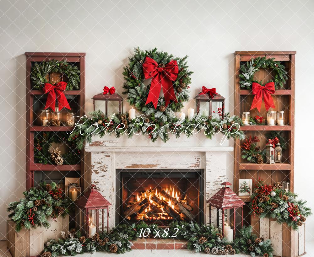 Kate Christmas Fireplace Wreath Red Bow Backdrop Designed by Emetselch - Image 8