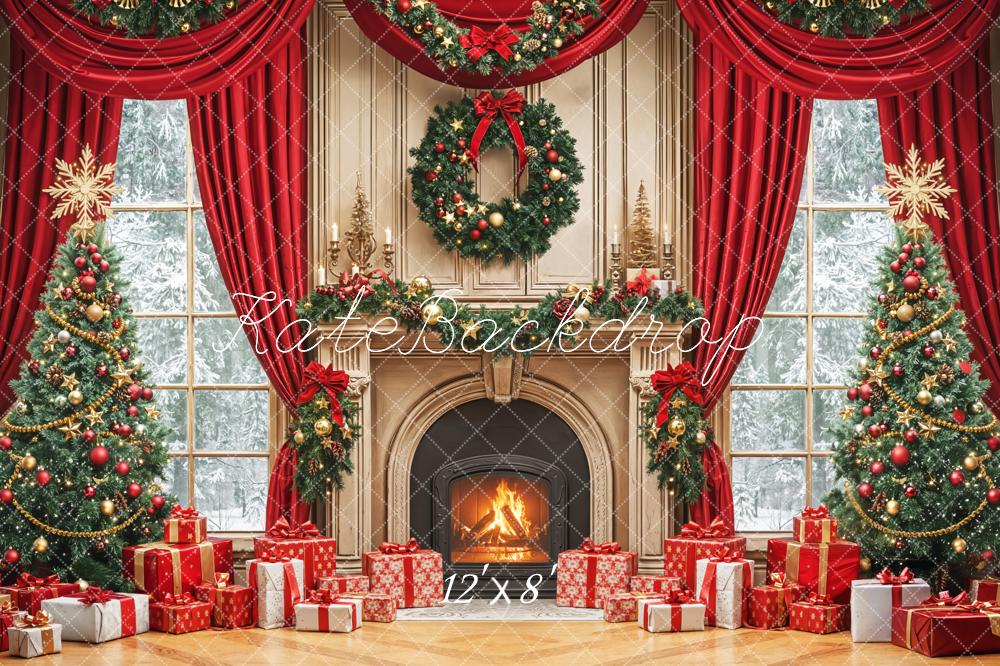 Kate Christmas Fireplace Wreath Red Curtains Fleece Backdrop Designed by Emetselch - Image 2