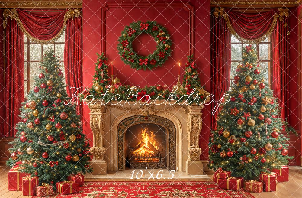 Kate Red Christmas Fireplace Wreath Trees Fleece Backdrop Designed by Emetselch - Image 2