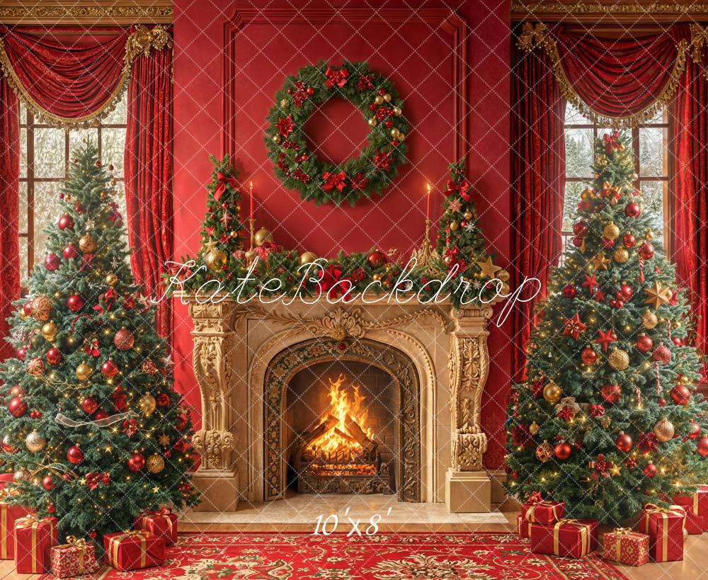 Kate Red Christmas Fireplace Wreath Trees Fleece Backdrop Designed by Emetselch - Image 3