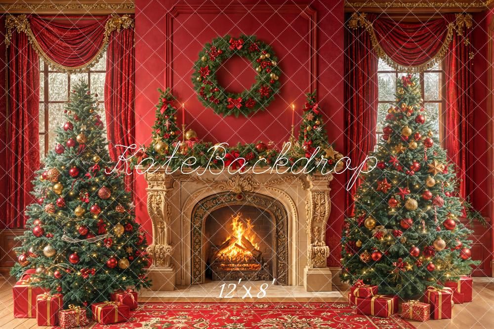 Kate Red Christmas Fireplace Wreath Trees Fleece Backdrop Designed by Emetselch - Image 4