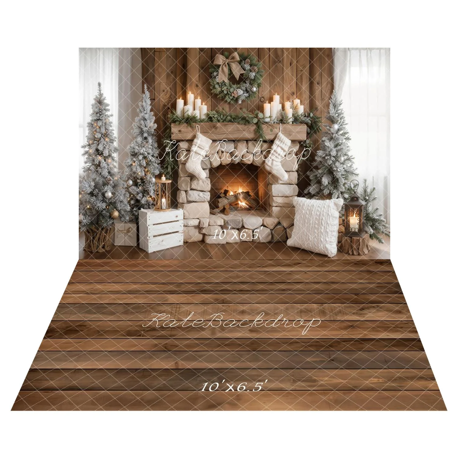 Kate Christmas Fireplace Stockings Frosted Trees Backdrop+Brown Wood Plank Backdrop - Image 2