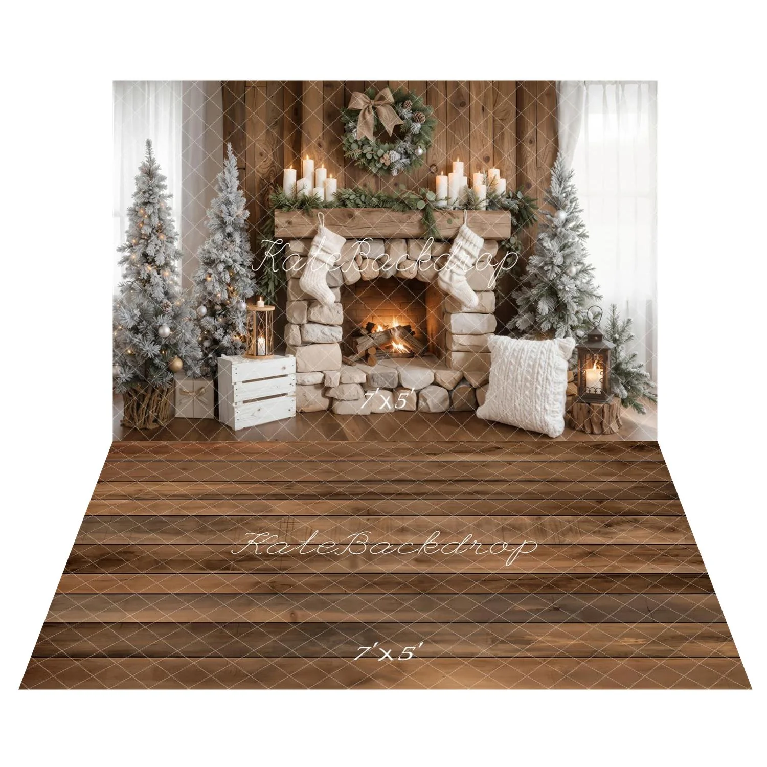 Kate Christmas Fireplace Stockings Frosted Trees Backdrop+Brown Wood Plank Backdrop - Image 4