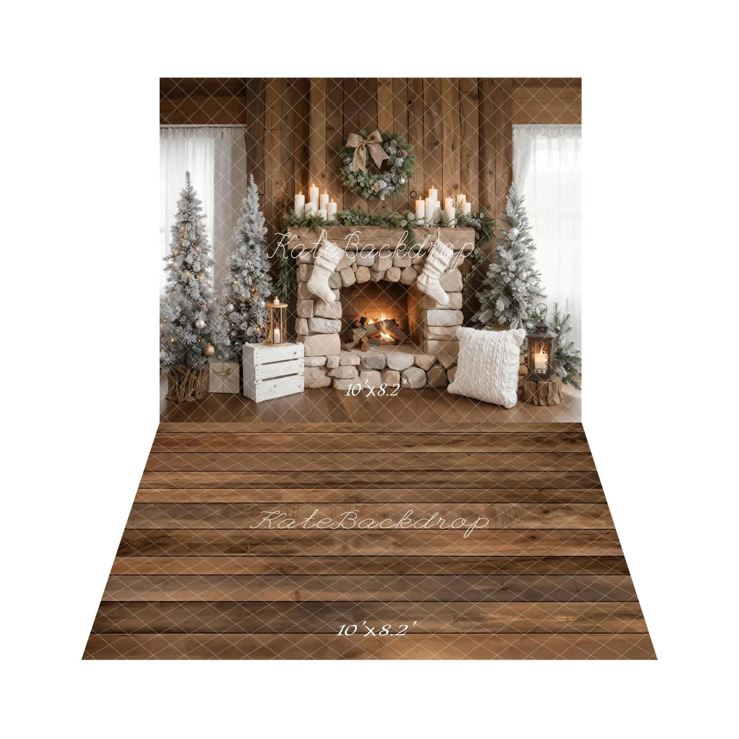 Kate Christmas Fireplace Stockings Frosted Trees Backdrop+Brown Wood Plank Backdrop - Image 5