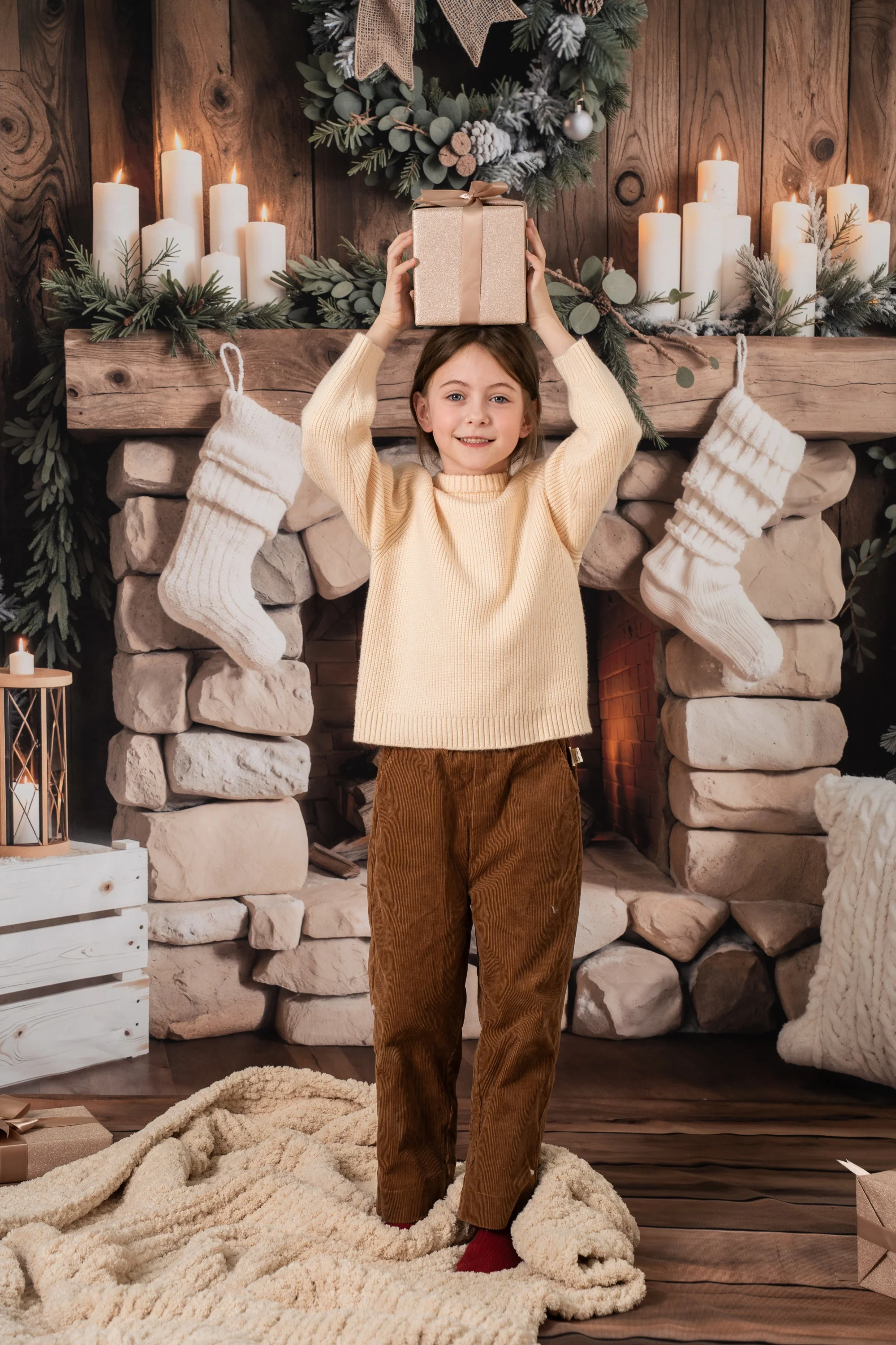 Kate Christmas Fireplace Wreath Stockings Rustic Backdrop Designed by Emetselch - Image 3