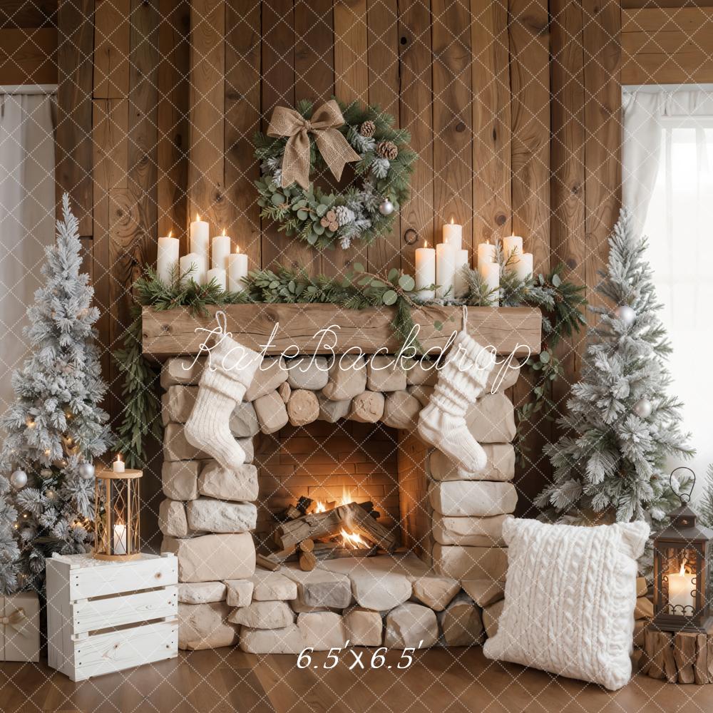 Kate Christmas Fireplace Wreath Stockings Rustic Backdrop Designed by Emetselch - Image 4