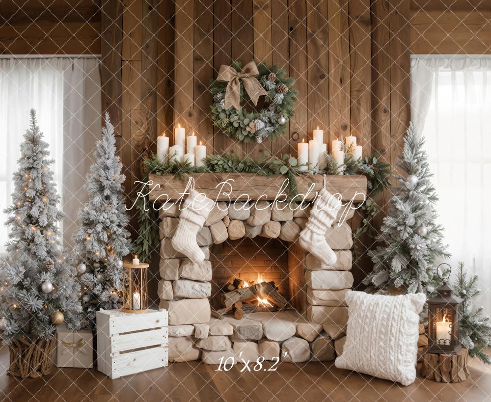 Kate Christmas Fireplace Wreath Stockings Rustic Backdrop Designed by Emetselch - Image 8