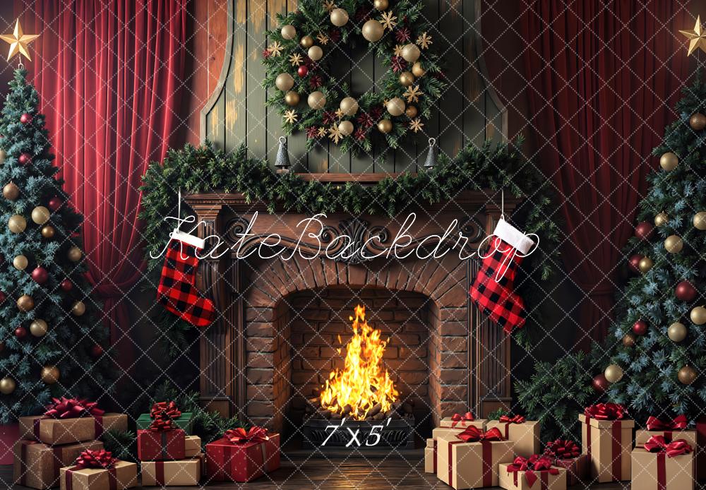 Kate Christmas Fireplace Wreath Stockings Trees Backdrop Designed by Mini MakeBelieve