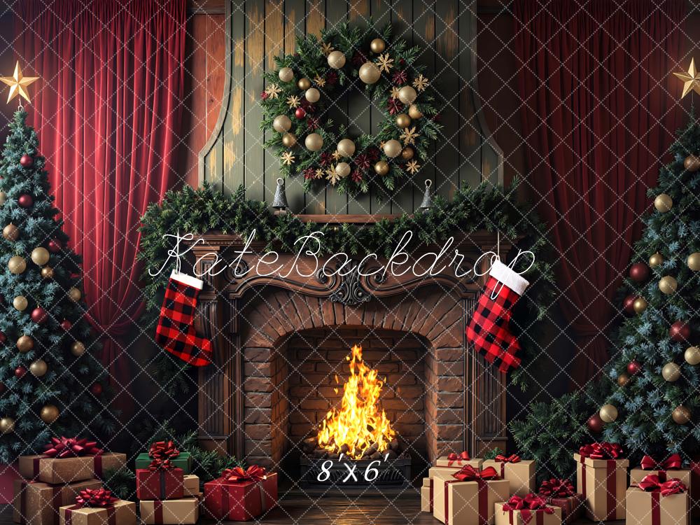 Kate Christmas Fireplace Wreath Stockings Trees Backdrop Designed by Mini MakeBelieve - Image 3