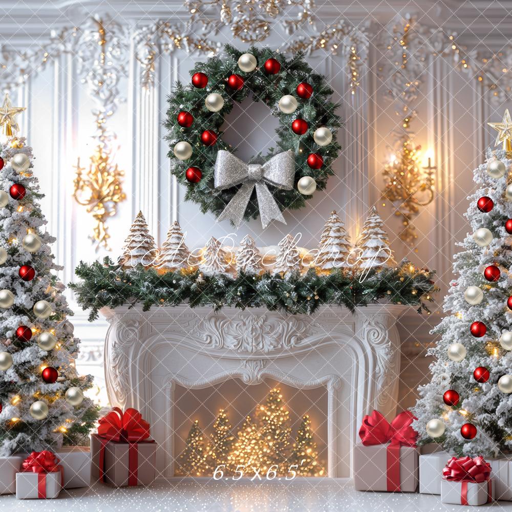 Kate Christmas White Fireplace Wreath Trees Backdrop Designed by Mini MakeBelieve - Image 2