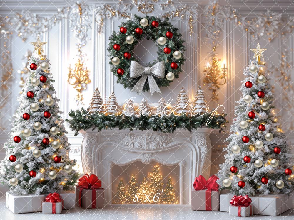 Kate Christmas White Fireplace Wreath Trees Backdrop Designed by Mini MakeBelieve - Image 3