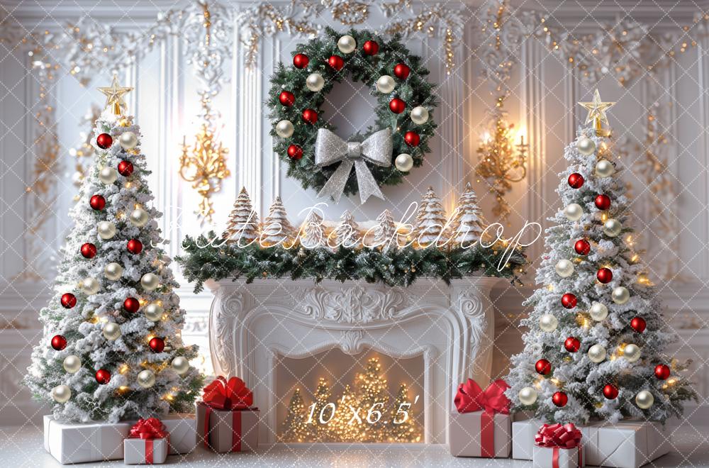 Kate Christmas White Fireplace Wreath Trees Backdrop Designed by Mini MakeBelieve - Image 4