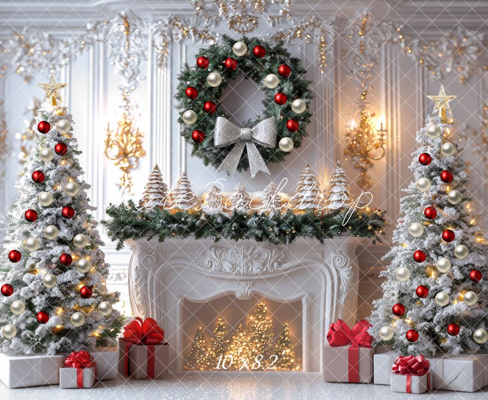 Kate Christmas White Fireplace Wreath Trees Backdrop Designed by Mini MakeBelieve - Image 6