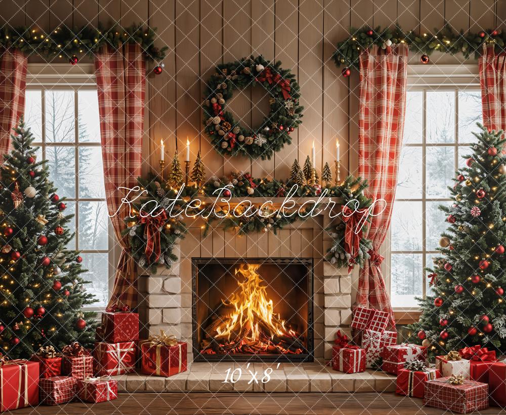 Kate Christmas Fireplace Wreath Trees Room Fleece Backdrop Designed by Emetselch - Image 3
