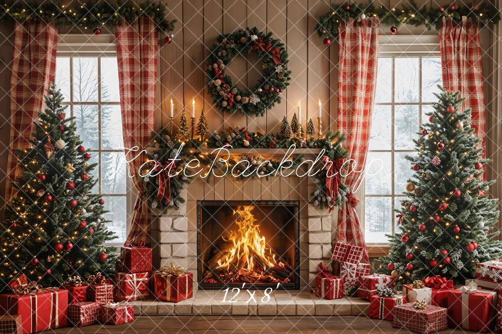 Kate Christmas Fireplace Wreath Trees Room Fleece Backdrop Designed by Emetselch - Image 4