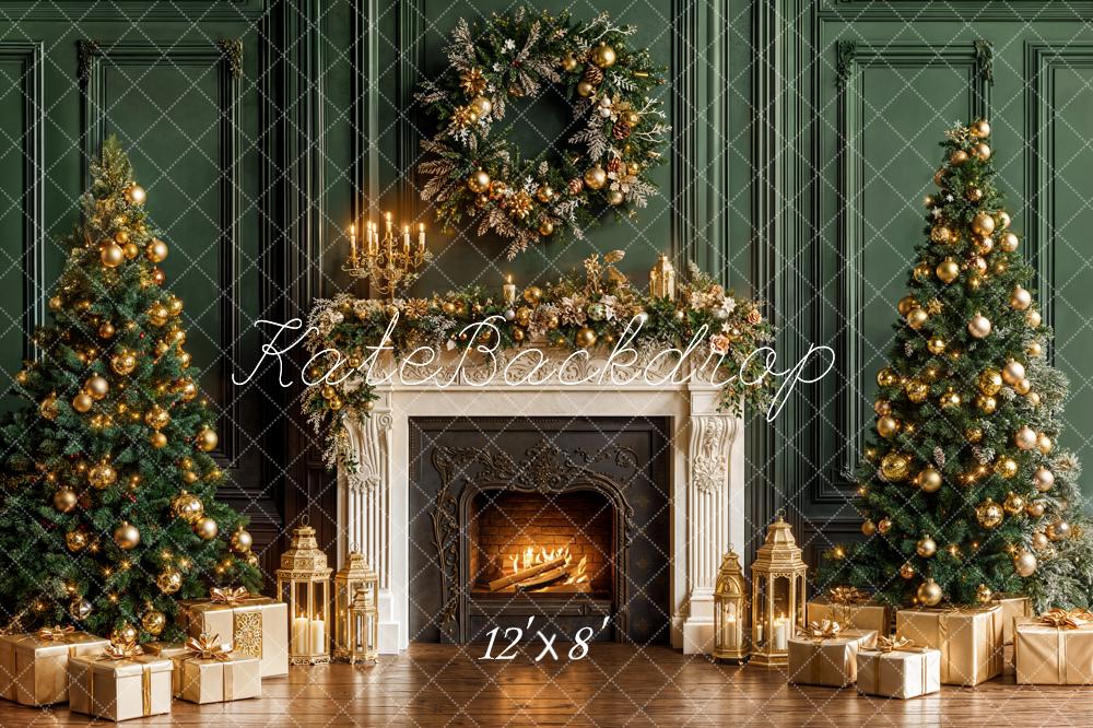 Kate Christmas Fireplace Wreath Trees Fleece Backdrop Designed by Emetselch - Image 4